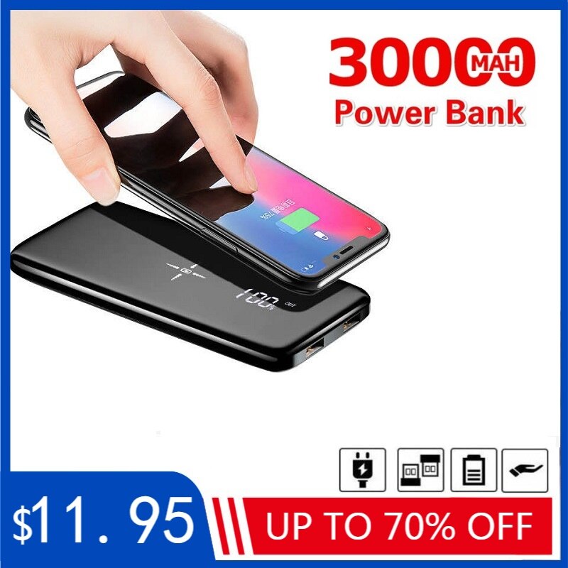 Wireless 30000mah Power Bank Dual USB quick Charge Mirror Screen Wireless Charger Powerbank Bateria External For iphone8 X
