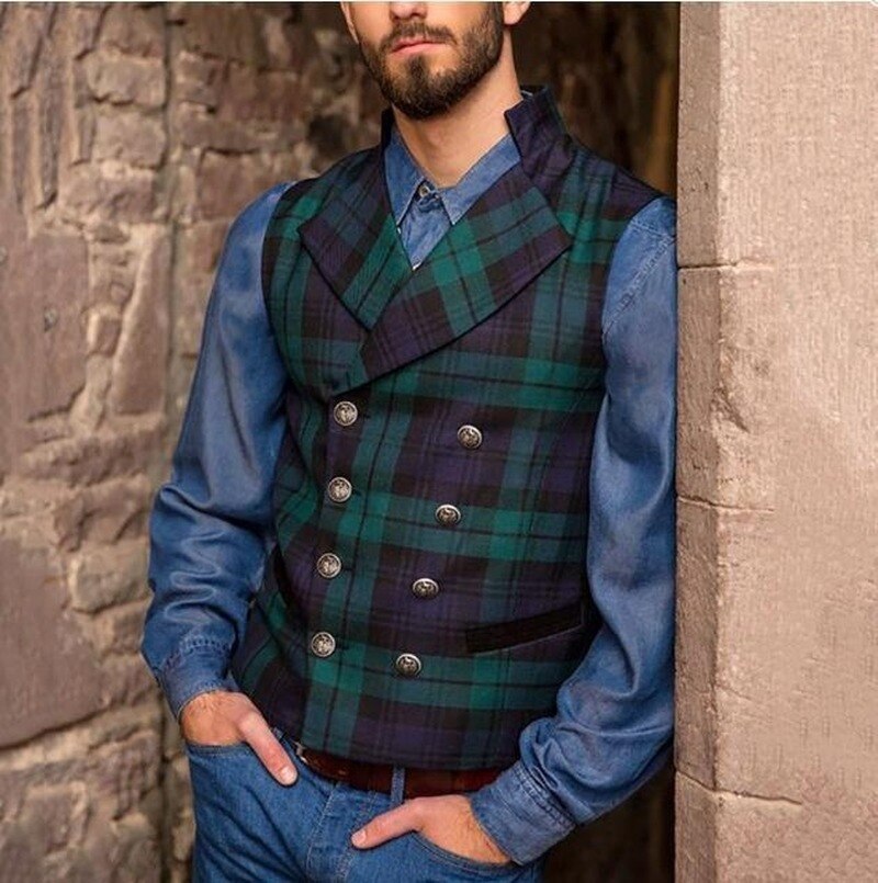 Mens Blue-Green Plaid Suit Vest Men Foramal Weeding Dress Vests Waistcoat Men Gilet Business Wedding Tuxedo Vest