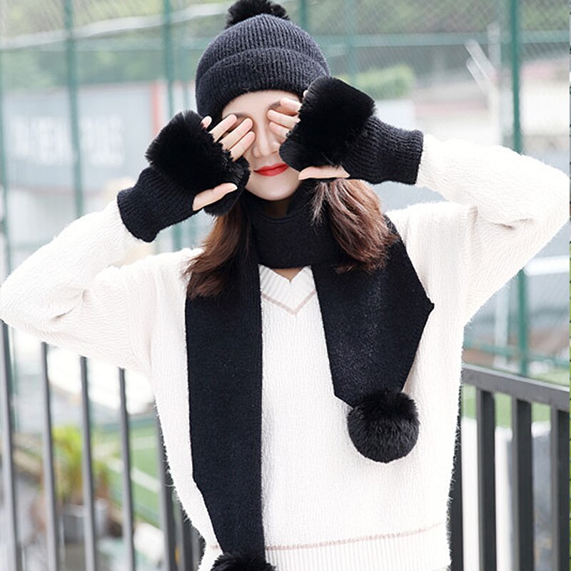 Hoeden Sjaals Handschoenen Drie Sets Van Vrouwen Hoed Mooie Meisjes Warm Breien Lente Herfst En Winter Skullies Mutsen Cap: A