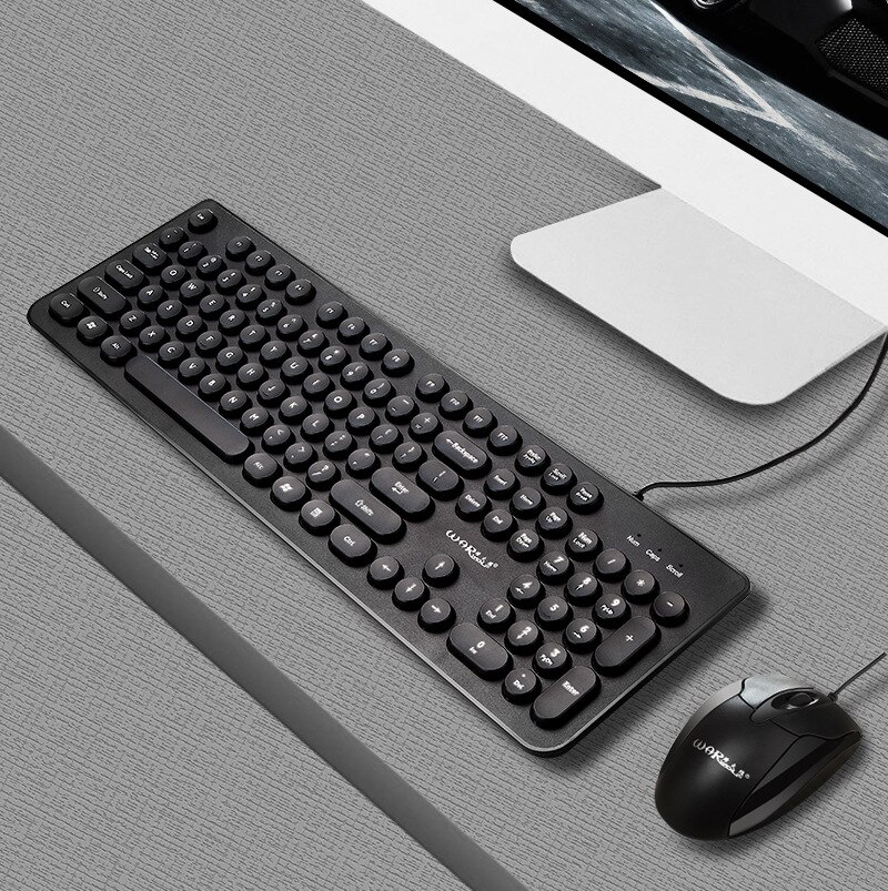 Punk Round Key Slim Multimedia USB Wired External Keyboard + Mouse Combo for Notebook Laptop / PC Wired keyboard and Mouse: Black