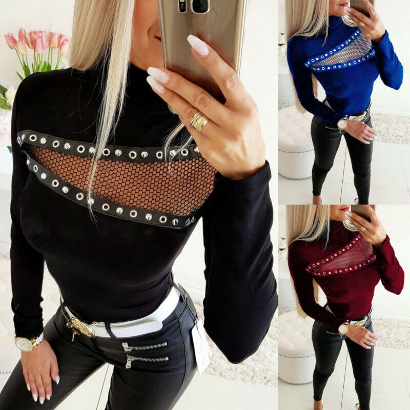 Women High Neck Tops Ladies Long Sleeve Slim Fit T Shirt Blouse Tee Plus Size