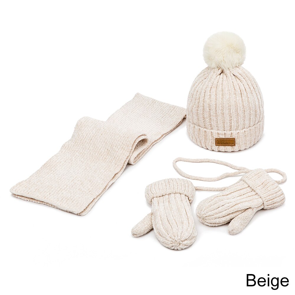 Reakids baby meisjes muts sjaal handschoenen set winter warme dikke muts met haarbal zachte comfortabele outdoor muts jongens katoenen muts pak: Beige