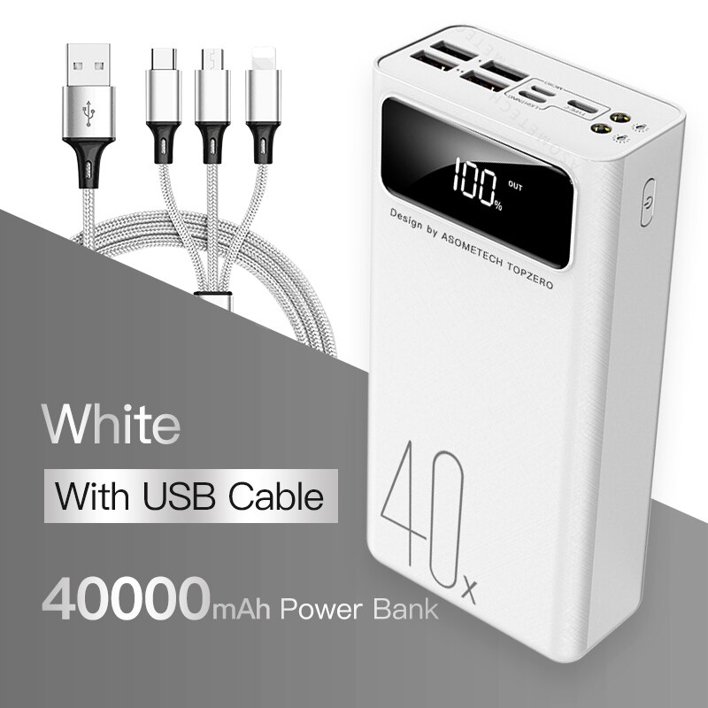 Power Bank 40000mah 4 USB Portable Powerbank LED Digital Display External Battery Phone Charger For iPhone Huawei Xiaomi Samsung: White with cable