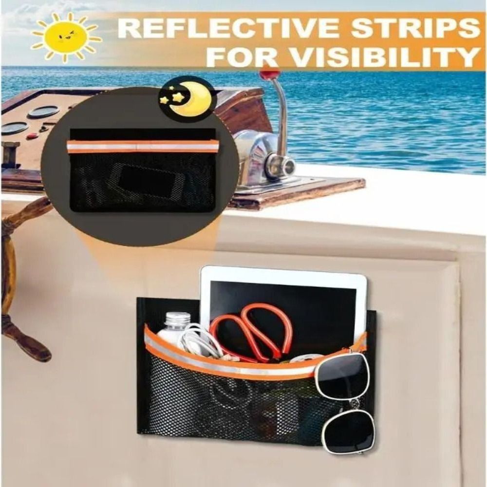 Portable mesh bag for boat storage with reflective stripes, removable marine organizer, versatile use, easy to install