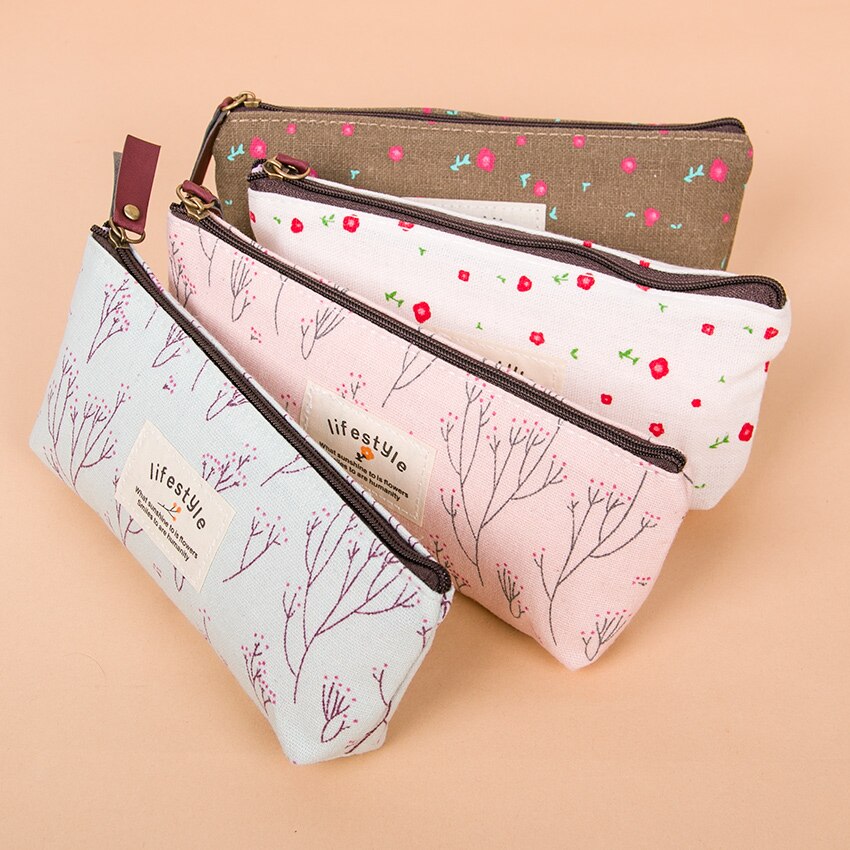 Cute Colorful Floral Flower Canvas Zipper Pencil Cases Lovely Fabric Flower Tree Pen Bags