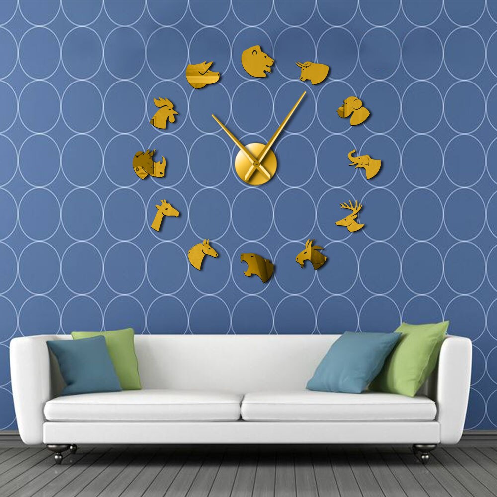 Zoo Animals DIY Large Frameless Mute Wall Clock Wildlife Mirror Stickers Safari Animal Heads Modern Living Room Decorative Watch