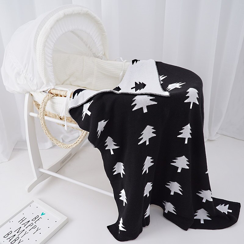 KlaringIns Katoen Gebreide Baby Blanke, herfst Winter Kinderwagen Deken Kinderen Patroon Cross/Clauds/Hart Beschikbaar 10 +: white black tree