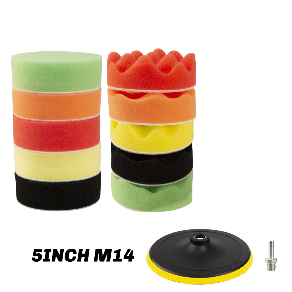 Almohadillas de pulido para coche, Kit de almohadillas de esponja para pulir, adaptador de taladro, herramientas eléctricas, accesorios para automóviles, M10, M14, 16 Uds.: 5INCH KIT M14