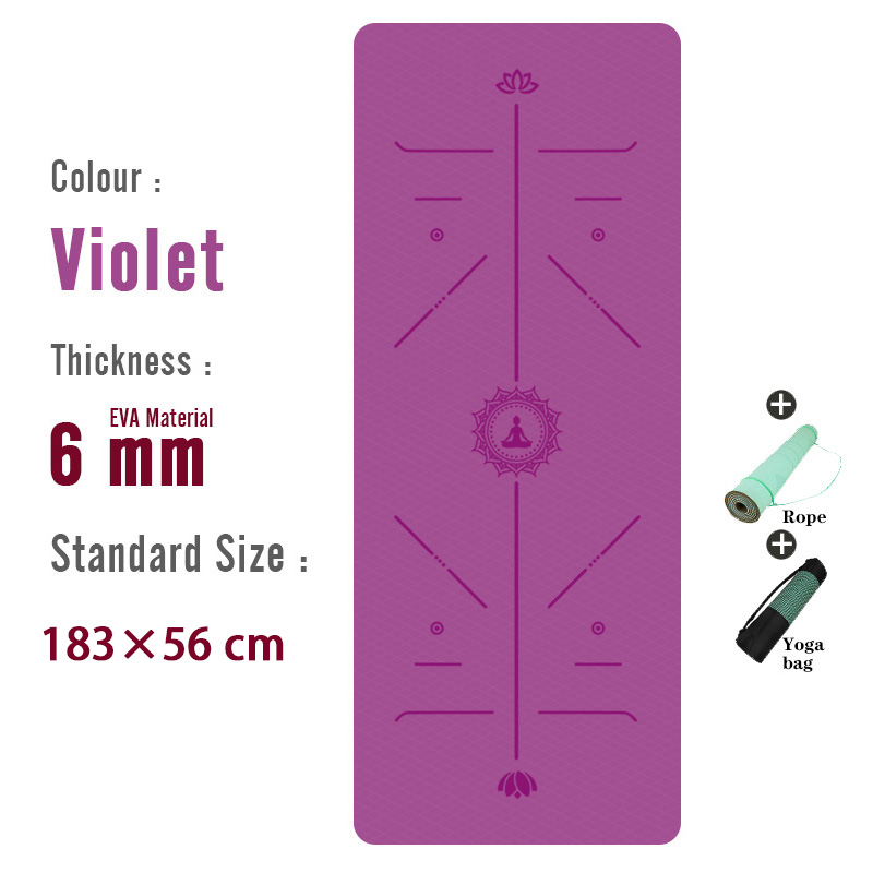 TPE Yoga Mat 6mm For Beginner Non-slip Mat Yoga Sports Exercise Pad With Position Line For Home Fitness Gymnastics Pilates Mats: Single color-Violet