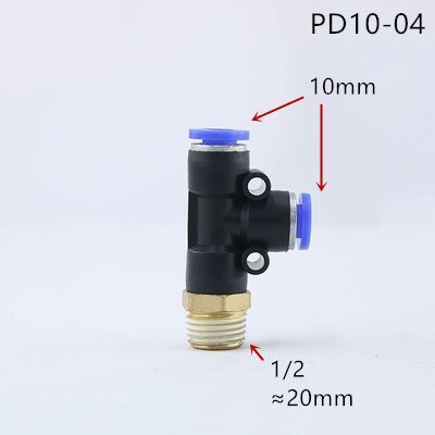 Pd pneumatisk kobling 4mm-12mm slangerør t form t-luftkobling 1/4 " 1/8 " 3/8 " 1/2 " bspt utvendig gjenge 3 -veis rørkobling: Pd10-04