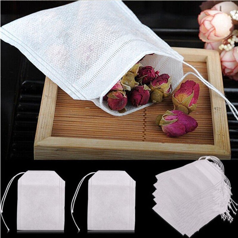 Teposer 100 stk/parti 5.5 x 7cm tomme teposer med snor helbrede segl filterpapir til urte løs te