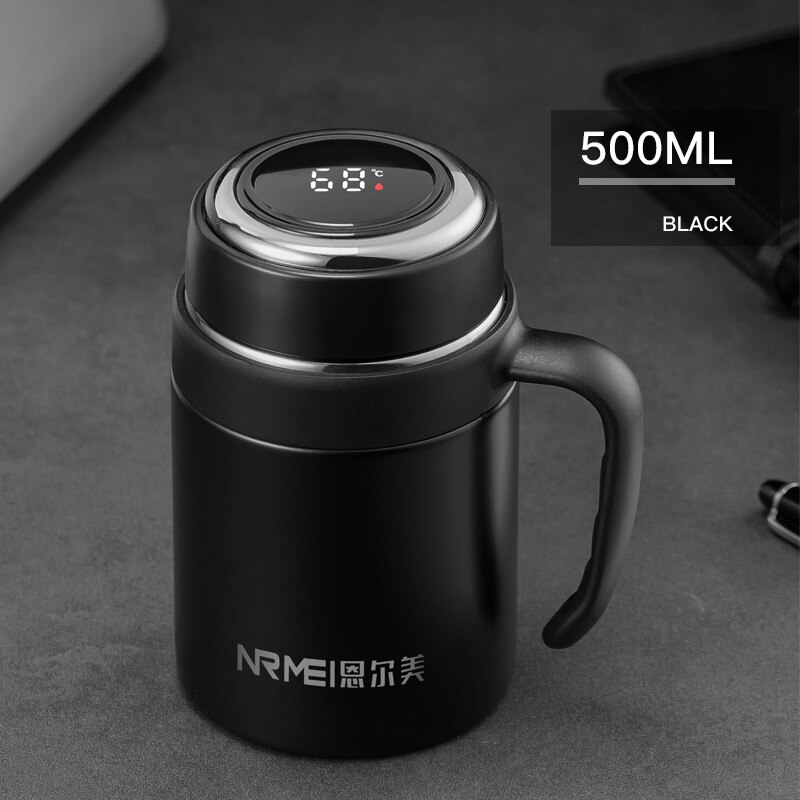 650ML Thermos Coffee Mug With Filter Handle Stainless Steel Insulated Vacuum Tea Cup Home Office LED Temperature Display: Black 500ML