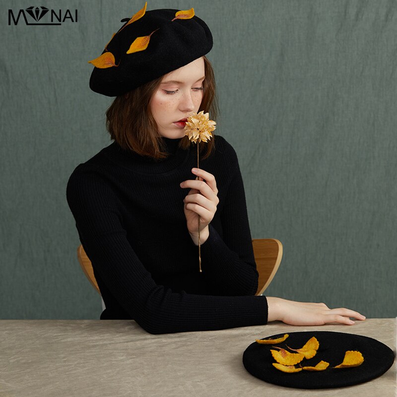 Hat Novelty Branches Pattern Artist Beret Cute Handmade Warm Wool Felt Autumn Winter Hats Party