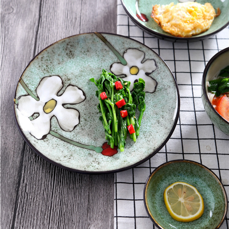Kiln Glaze Japanese Ceramic Tableware Home Use Crockery Salad Bowl Spoon Steak Plate Set Dishes Hand Painted Floral Pattern