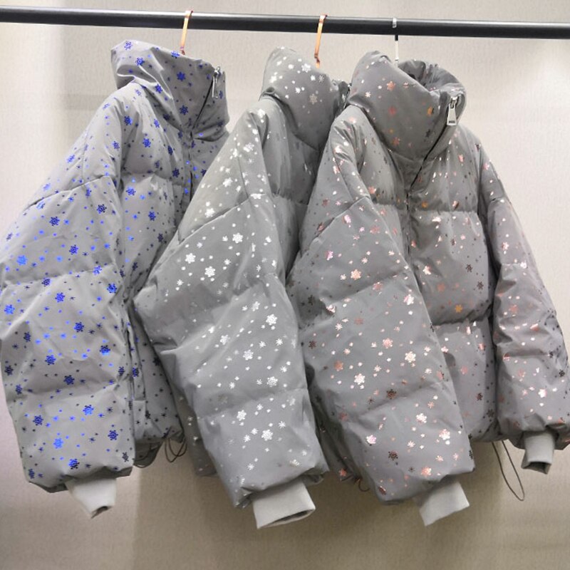 Vinter dam streetwear dunparkas oversize reflexjacka kort varm dam kappa snowflake paljett parkas vadderad jacka i bomull