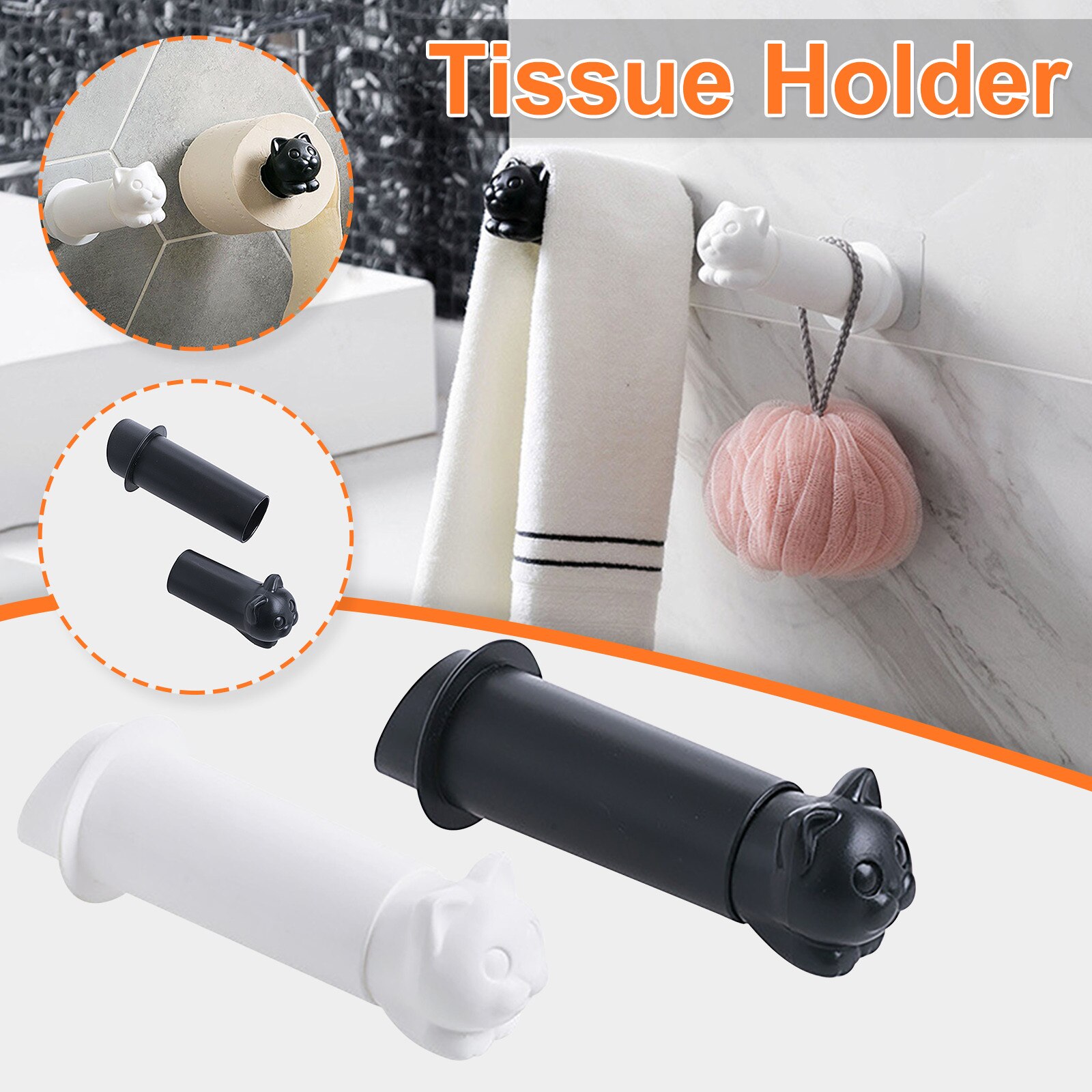 Cat Toilet Paper Kitchen Roll Holder Towel Tissue Storage Rack Adhesive Wall Sticker Organizer Bathroom Hanger #43