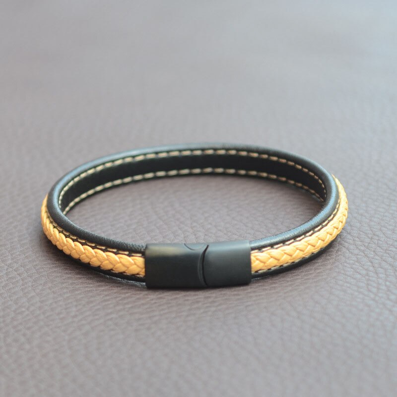 handgefertigt Geflochtene Schmuck Geometrische Kontrast Farbe Paar Leder Edelstahl Magnet Verschluss Armbinde