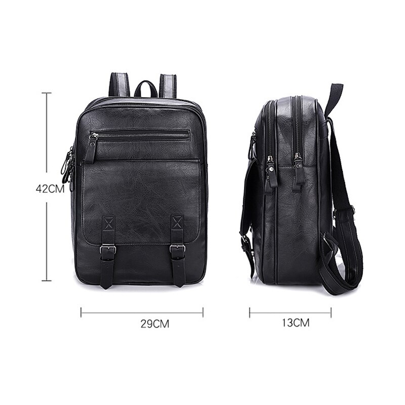 Black Vintage Hasp Zipper Backpack Men Solid Soft PU Leather Shoulder Bags Business Travel Large Capacity Daypack Male