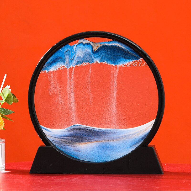 3D Bewegende Zand Kunst Foto 5/7Inch Zandloper Art Schilderen Diepzee Sandscape Vloeiende Zand Frame Rechthoek Ronde glas Home Decor: Blue -round / 12 inch