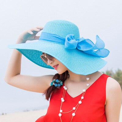 Women Ladies Summer Hats Straw Hats Bow Beach Foldable Sun Hats: Soild Skyblue