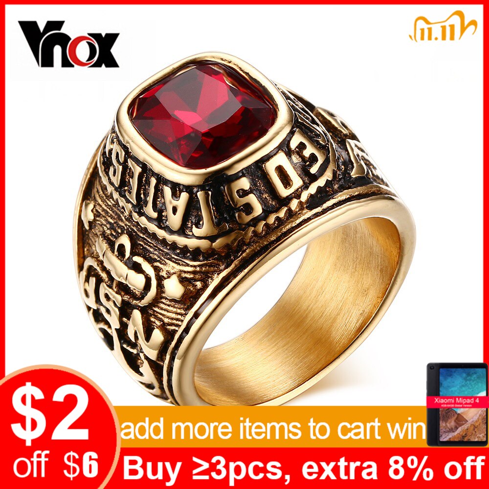 Vnox us navy ring til mænd guld farve rød sten veteran ring flag mærkat emblem