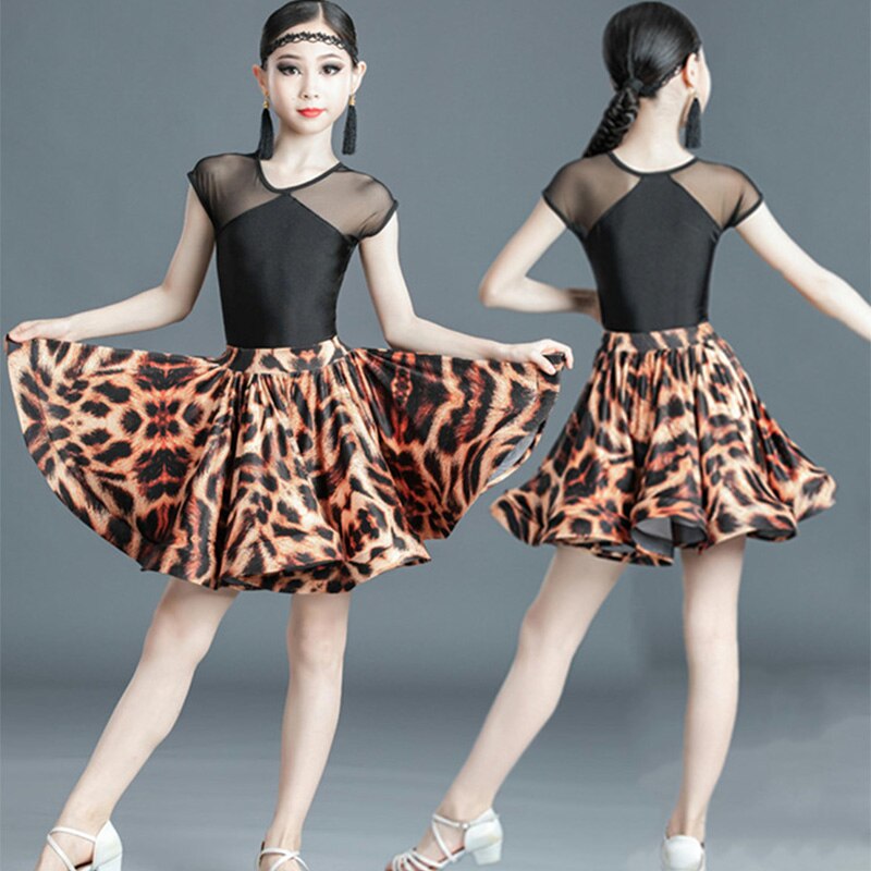 2pc Girl Latin Dance Dress for Kid Dancing Suit Ballroom Dress Samba Leopard Print Children Samba Tango Standard Dance Skirt Top: 110cm