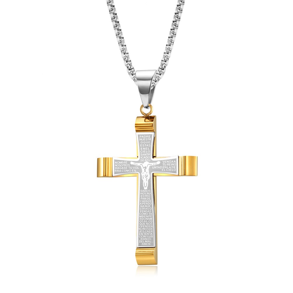 Christian passion bibel jesus halskæder kryds vedhæng rustfrit stål kæde link religiøse mænd far dreng smykker: Guld