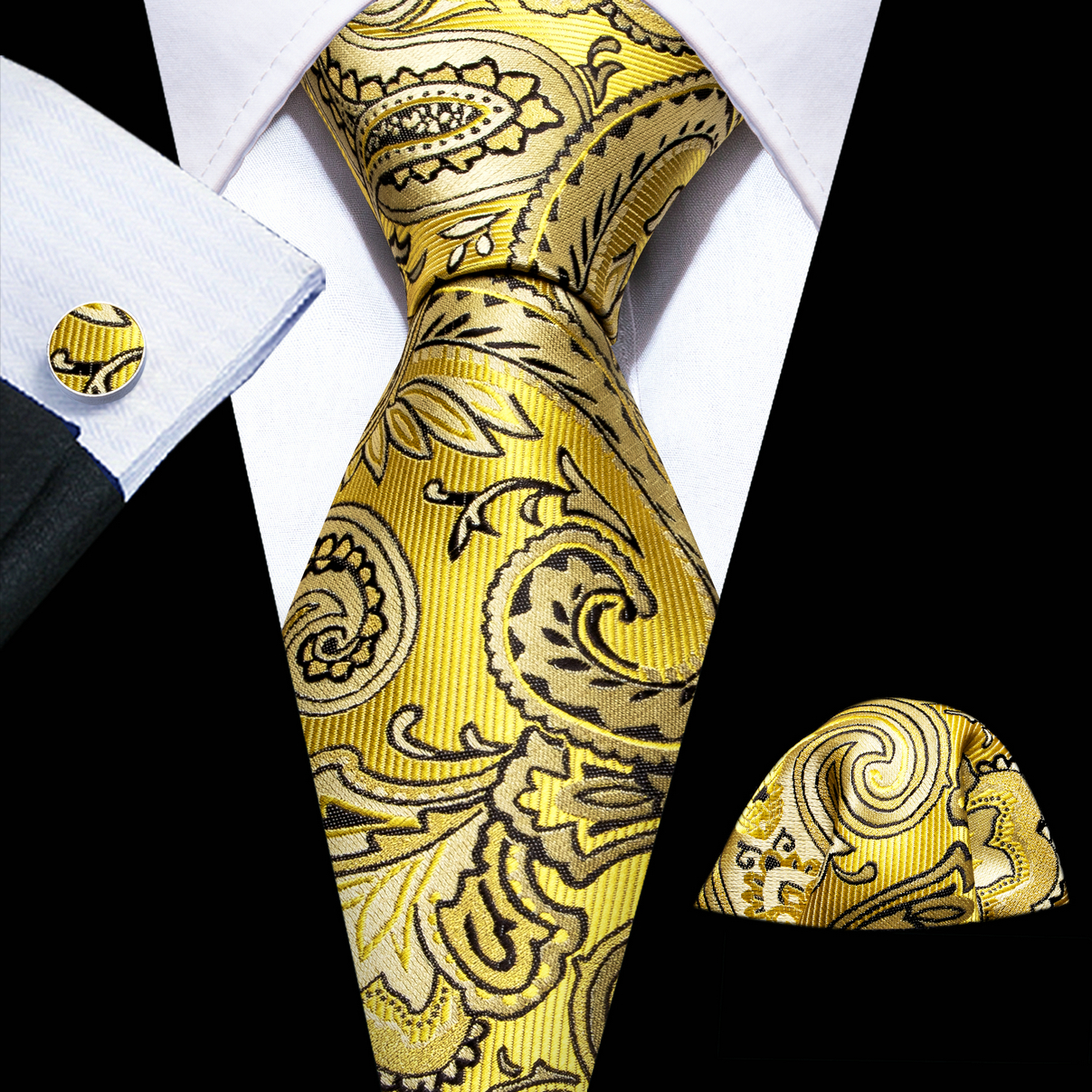 Luxury Gold Floral Ties For Men Exquisite Silk Necktie Handkerchief Cufflinks Sets Groom Wedding Business Party LN-6367: Yellow