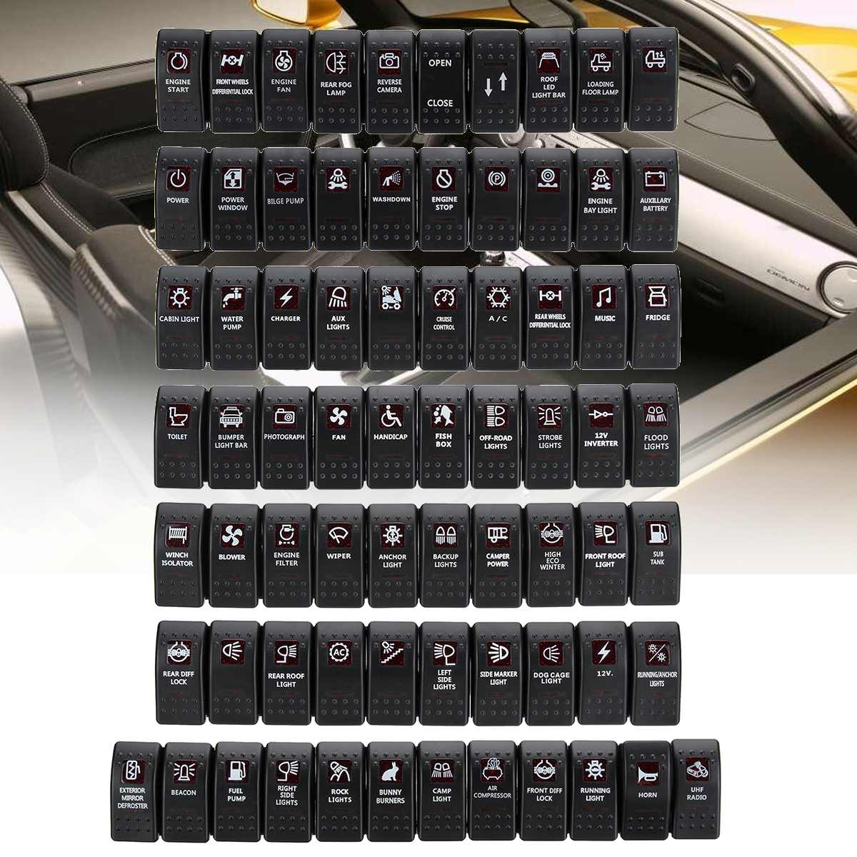 1pcs 12V/24V 5pin/7pin Car RV Bus Boat Caravan Rocker Switches Waterproof Rocker Switch Dual Red LED Light Bar SPST ON-OFF