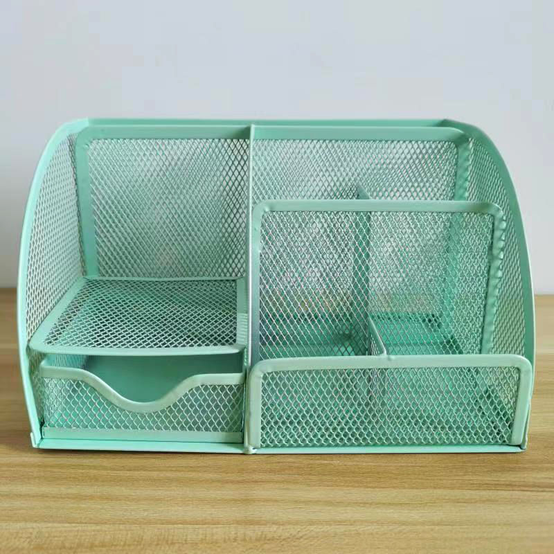Metal Mesh Desk Organizer Desktop Office Organizer Storage Holder Desktop Pencil Pen Sundries Badge Box Stationery Supplies: green 7 grids
