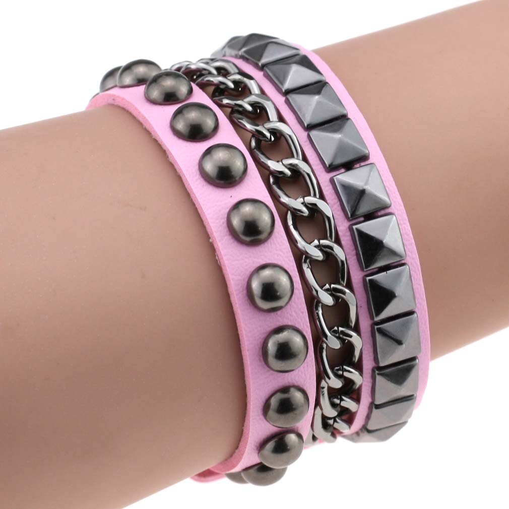 Gelaagde Leather Studded Armband Mannen Vrouwen Punk Band Rock Bangle Goth Sieraden Cosplay Emo Gothic Accessoires: pink