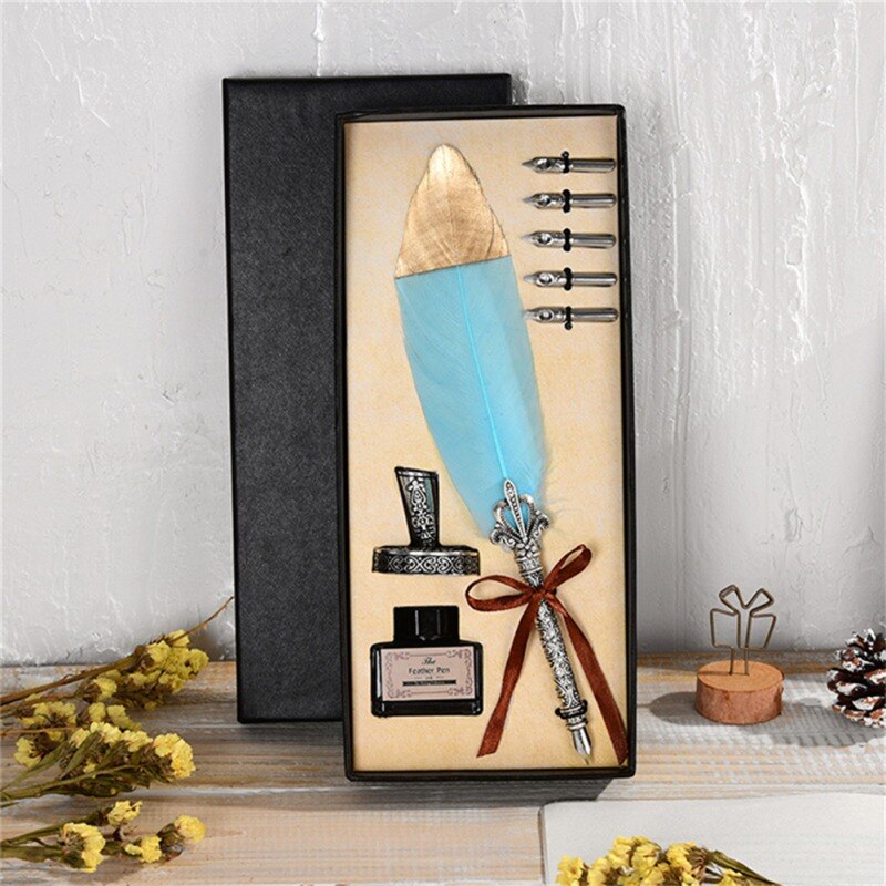 Vintage 1Set Kalligrafie Veer Dip met 5 Nib Quill Pen Schrijven Inkt Set Geschenkdoos Bruiloft Fontein pen