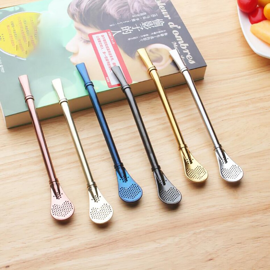 Stainless Steel Tea or coffee Straw tubes and Spoon Tea Filter Stick Spoon Tea Strainer Cocktail Shake bar Party Supply