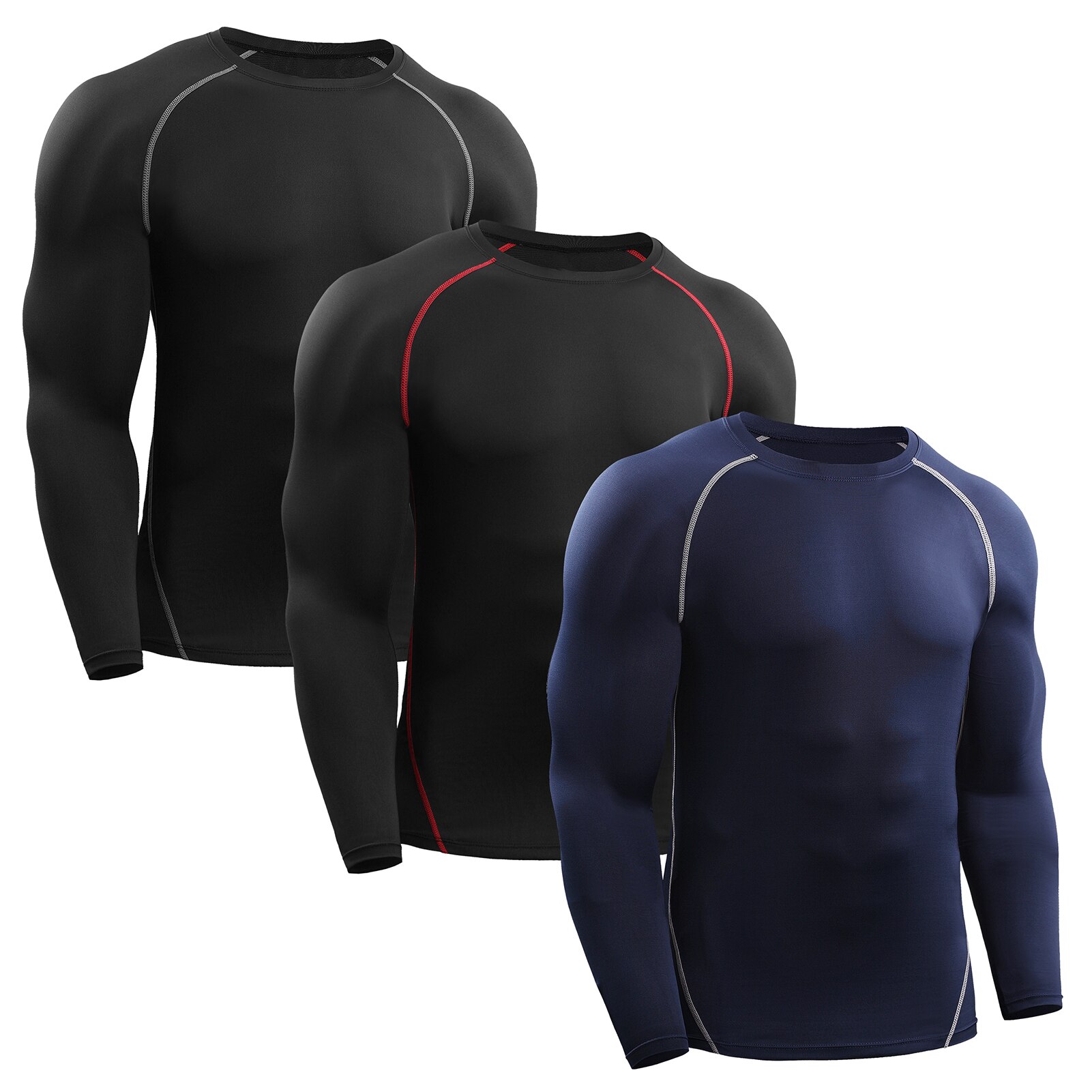 3PCS Men Compression Shirts Elastic Quick Dry Base Layer O-Neck Long Sleeve Sport T-Shirt Tops Workout Fitness sportshirt XXXL: XXXL / Set 1