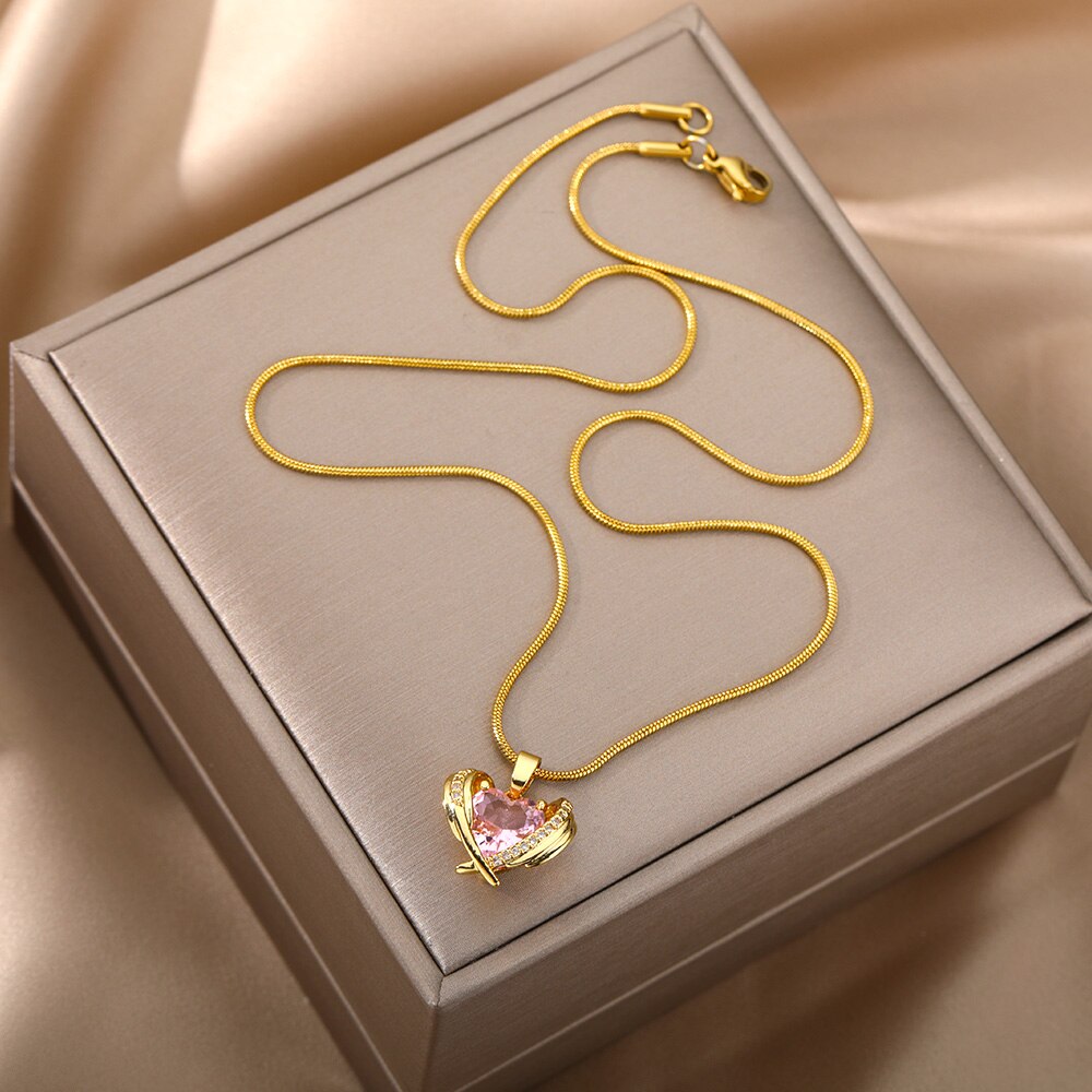 Niedliche rosa halskette mit herzanhänger aus kristall für damen, edelstahl, goldene choker-kette, einteiliges schmuckstück für partys