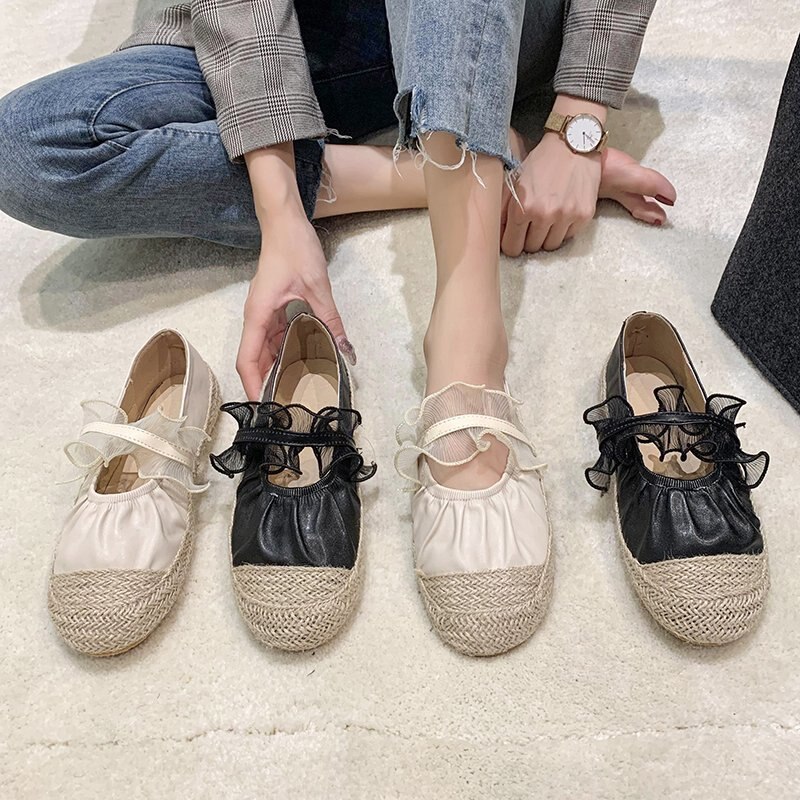 Hemp knitted cover toe flats pleated ballet shoes women preppy patchwork loafers lacework elastic band ballerina espadrilles 42