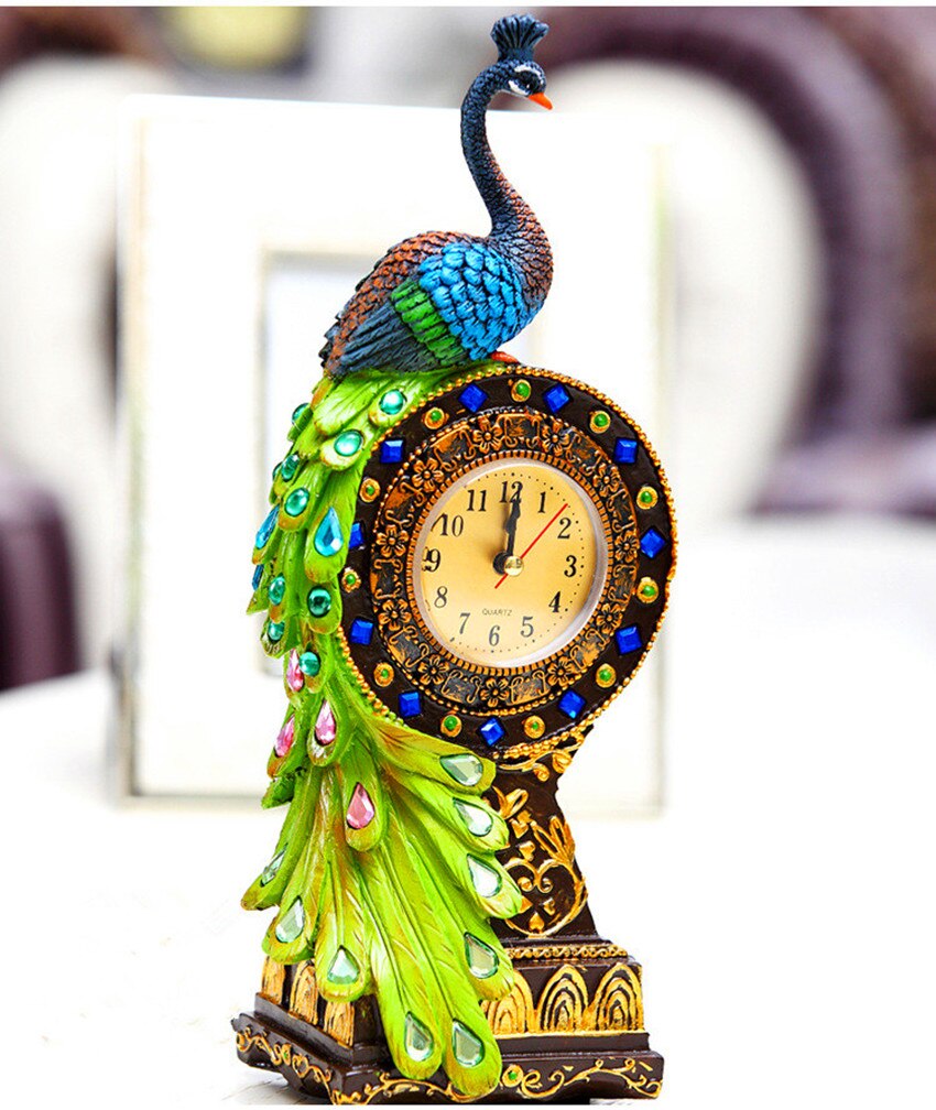 Refine Table Clock Resin Cafts Tropical Flavor Peacock Clock Home Decor Ornament Pastoral Quartz Jump Gems