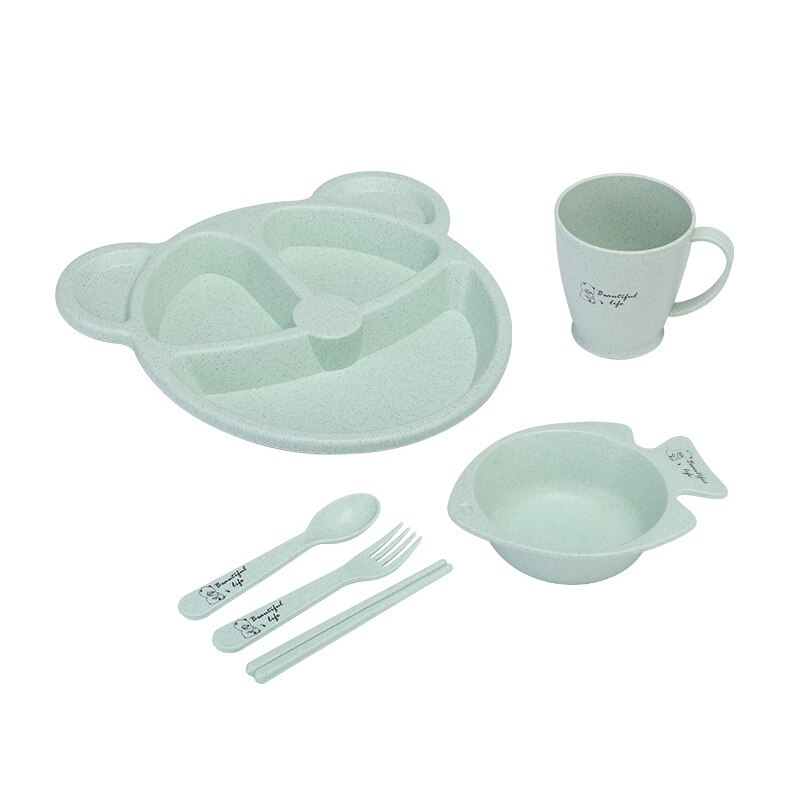 Cute Cartoon Baby Feeding Tableware Children Training Bowl With Spoon Fork Chopsticks Infant Kids Feeding Dinnerware MBG0531: 6Pcs-Green