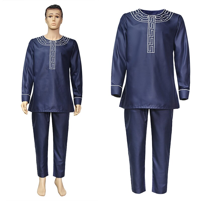 MD African Men Clothes Dashiki Embroidery Shirt Pants 2 Pieces Set Musulman Ensembles Bazin Riche Ankara Outfit PH8086