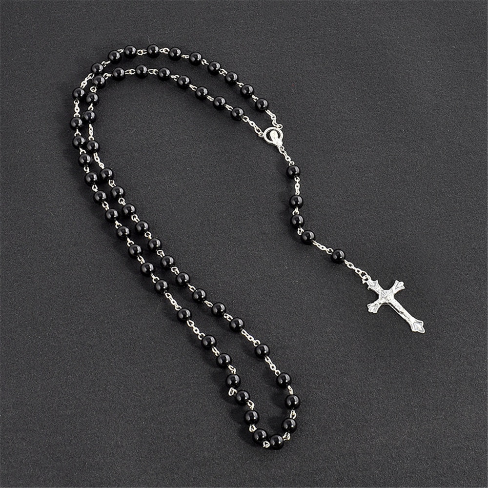 Katholieke Religieuze Verzilverd Kruisbeeld Jesus Stuk Christian Virgin Mary Rozenkrans Ketting Sieraden Black Crystal Gebed Kralen