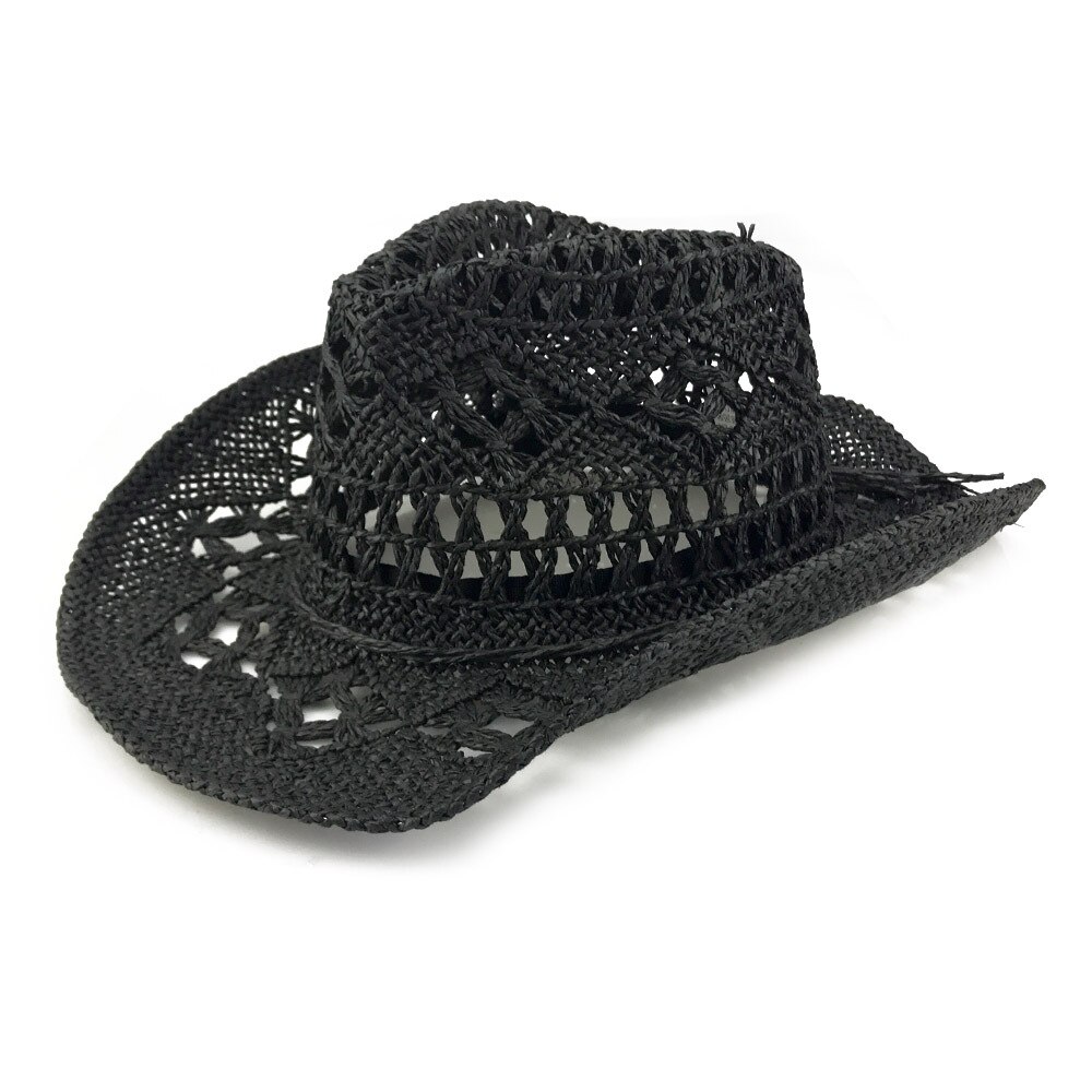 Summer Western Cowboy Straw Hollow Hat Hand Made Beach Felt Sunhats Party Cap Casual Panama Cowgirl Jazz Sun Hat: black