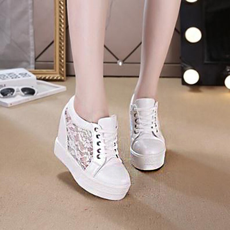 SWYIVY Lace Up High Heel Women Sneakers Autumn Ladies Shoe Solid Wedges Shoes For Women Increasing Breathable