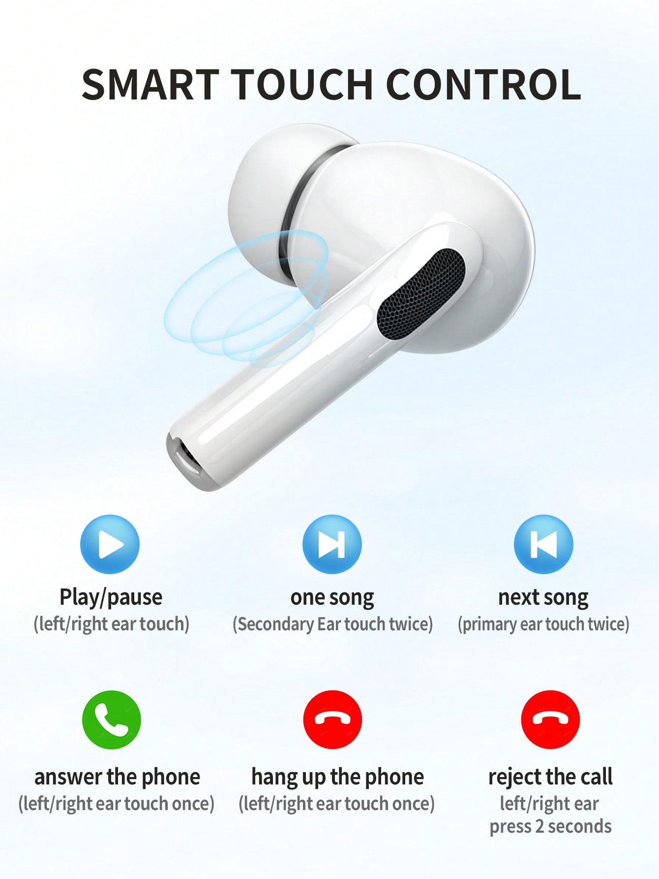 Wireless bluetooth earphones,in-ear hi-fi stereo sound,touch control,noise cancelling effect,low latency,long battery playtime