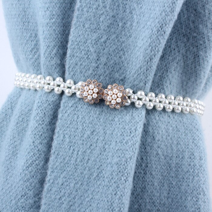 Correa de cadena fina con sello de elasticidad elástica de la cintura blanca para mujer, diamantes de imitación y perlas para decoración de falda, fajas de ,: 3