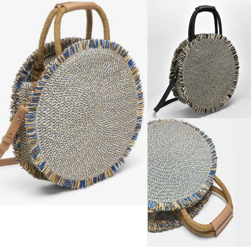 Bolsa de paja para playa para mujer, bolso redondo de tejido bohemio, bolso de mimbre de paja Vintage, bolso de playa con flecos, bolso de mano con flecos