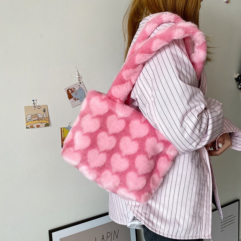 Fluffig plysch axel crossbody väska kvinnlig street väska stor kapacitet totes leopard zebra utsökt shoppingväska rosa