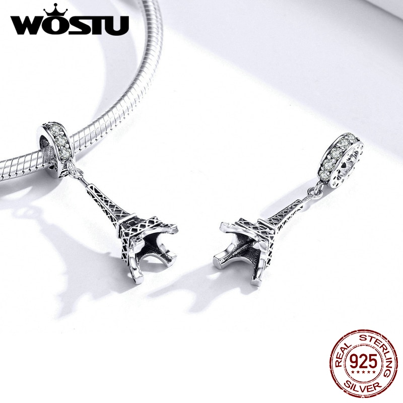 WOSTU Authentic 925 Sterling Silver Eiffel Tower Charms Zircon Openwork Beads Fit Original Bracelet Pendant Jewelry CTC154