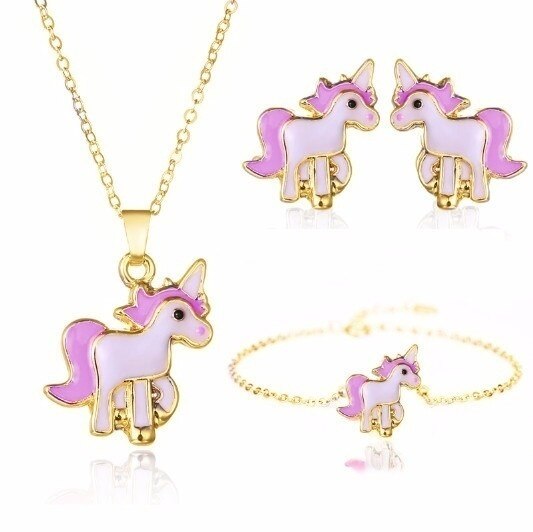 4 teile/satz Halskette Ohrringe Karikatur Einhorn Halskette Ohrring Schmuck Rosa Mädchen Schmuck Schmuck Ohrring und Halskette einstellen: 6