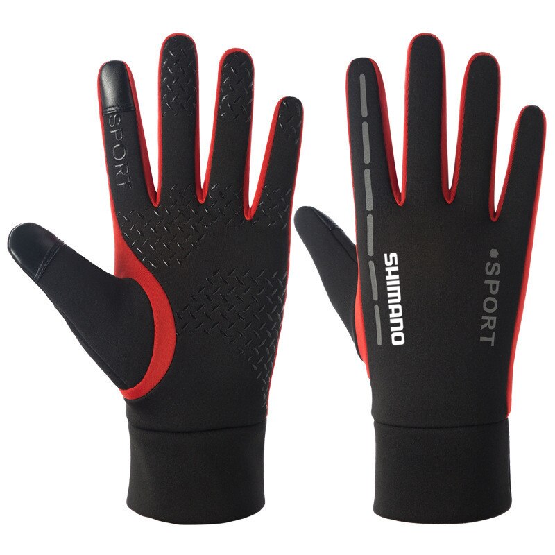 Shimano Full Finger Winter Cycling Gloves Waterproof for Fishing Windproof Anti-Slip Thicken Gloves Warm Durable Ski Gloves: Red