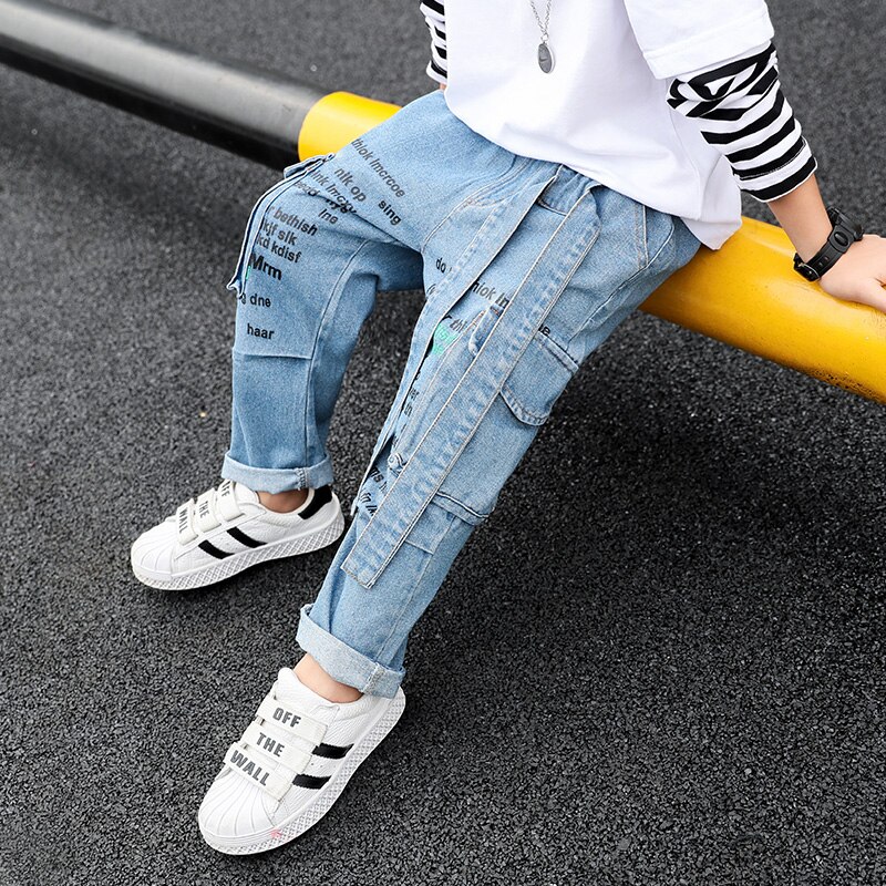 Pojke jeans barn barn cargo jeansbyxor småbarn resår midja höst höst trend ledig 3 to 13 år